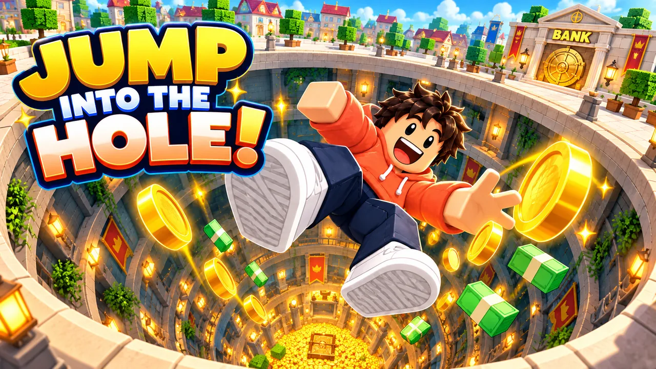 Jump Into the Hole! key art with the game logo: a character dives into a deep circular vault full of coins and cash, with the bank at the top of the shaft.