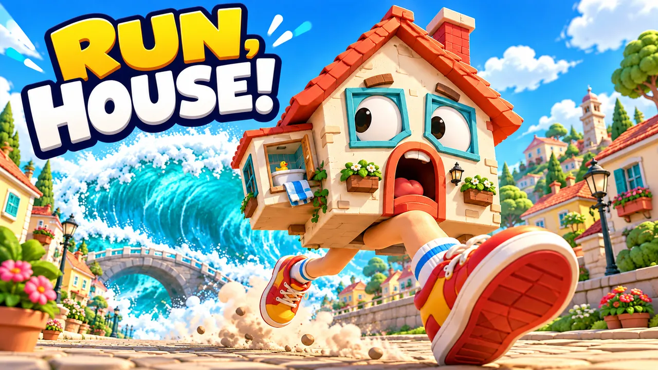 Run, House! key art with the game logo: the running house in red sneakers escapes a turquoise flood wave through a seaside village.